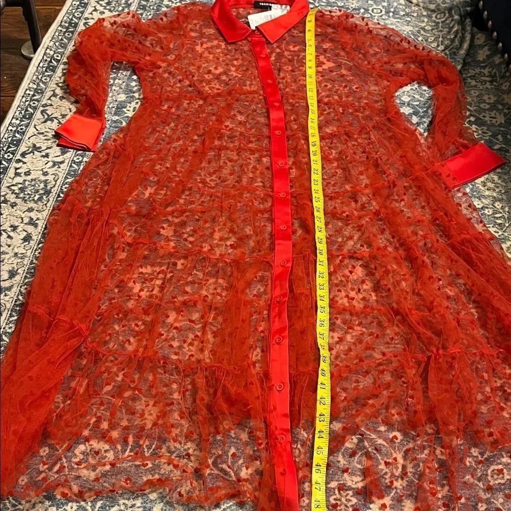 Torrid Heart Design Red Sheer Mesh Long Sleeve Button Kimono Romantic Modern NWT - Picture 13 of 16